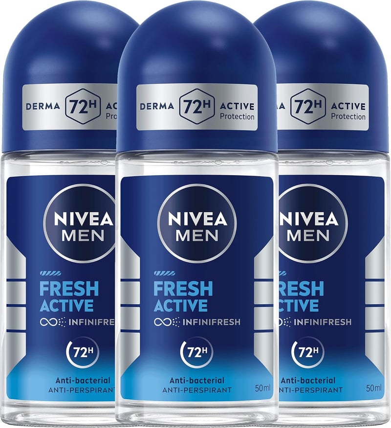 NIVEA MEN Antiperspirant Roll-on, 72h Protection, Fresh Active Scent, Pack of 3 (50ml each) - Image 1